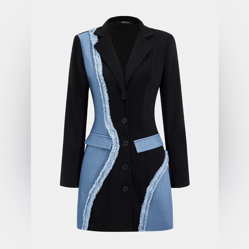 Denim Patchwork Long Sleeve Blazer Suit Mini Dress - Micas